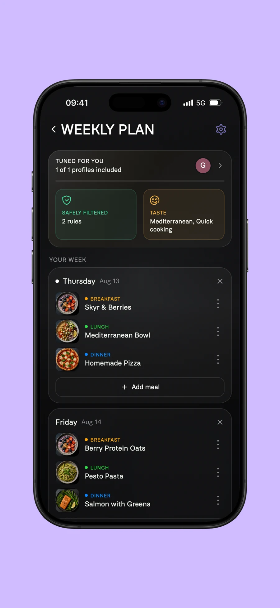 Starpolar weekly plan with meals and routines