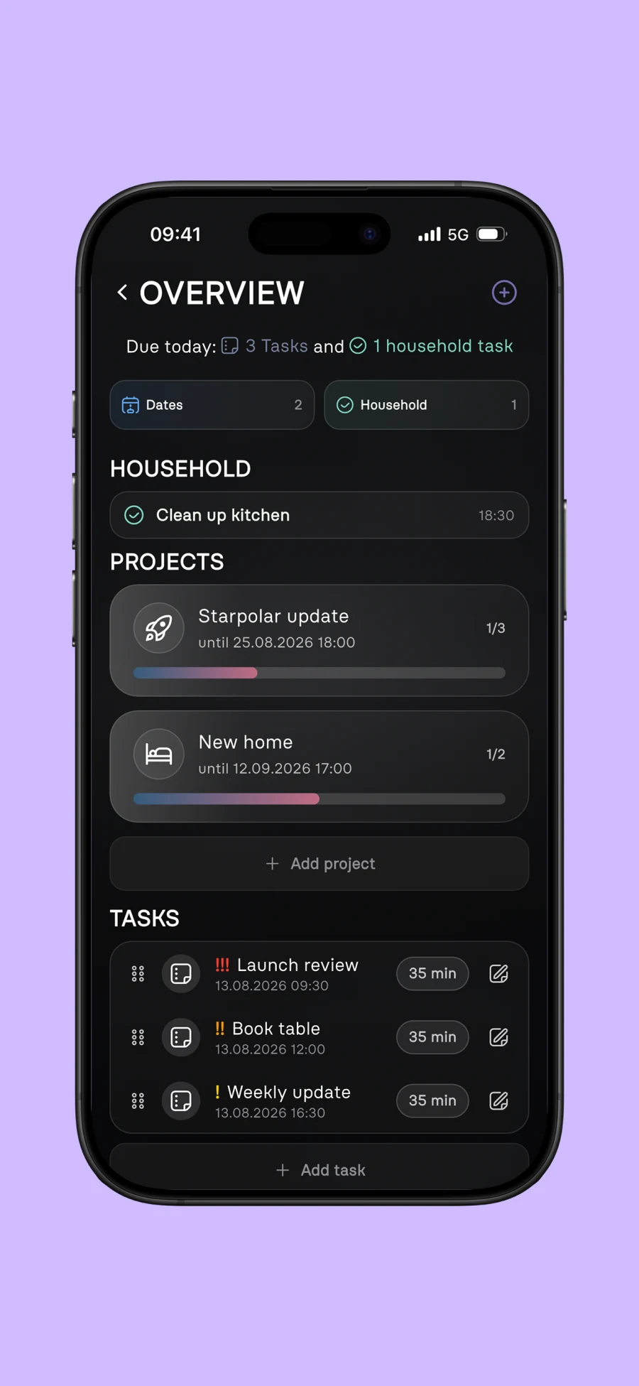 Starpolar overview with household projects and tasks